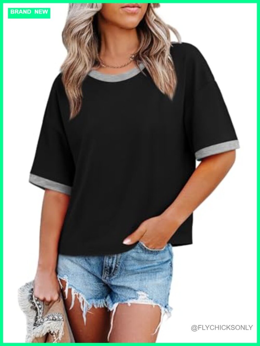 Womens Oversized T-Shirt Loose Fit Half Sleeve Crew Neck Color Block Summer Top